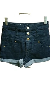 NWT -Arden B . Womens Denim Cuffed dark wash Booty Shorts GOLD BUTTONS Size O - Picture 1 of 7