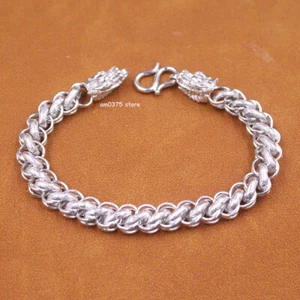 Pure 999 Fine Silver Bracelet Man's 9mm Auspicious Cloud Dragon Head Link 8.26in - Picture 1 of 6