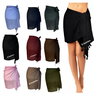 SARONG BEACH COVER UP SHEER MINI SARONG SKIRT DRESS WRAP BIKINI LADIES TASSELED - Picture 1 of 29