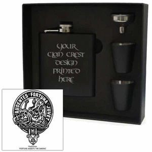 Art Pewter MacKinnon Clan Crest Black 6oz Hip Flask Box Set HF6 B S-C66 Scottish - Picture 1 of 3