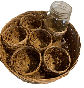 Boho Wicker Serving Tray w/(6) Drink Holders Barware Party picnic Rattan MCM - Picture 1 of 10