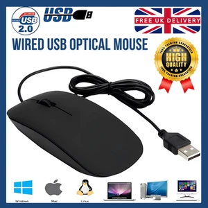 Wired USB Optical Mouse For Pc Acer Laptop Computer Scroll Wheel Black Mice UK - Picture 1 of 14