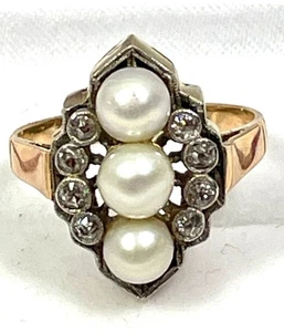 Jugendstil Perl-Diamant-Ring,  Gelbgold 18K, 3 Zuchtperlen und 8 Diamanten - Bild 1 von 12