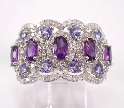 3Ct Oval Cut Lab-Created Amethyst Cluster Engagement Ring 14K White Gold Plated - Image 1 of 4
