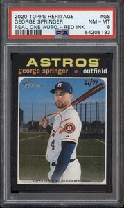 2020 Topps Heritage Real One autografi inchiostro rosso George Springer Auto /71 PSA 8 - Foto 1 di 2