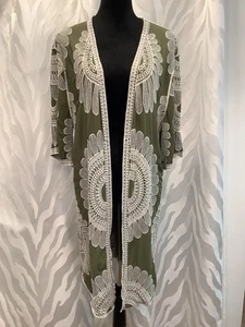 Ultra Pink Damen Armeegrün bestickt vorne offen 3/4 Ärmel Kimono Überwurf M - Bild 1 von 11