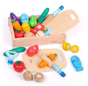 Dailyfunn Wooden Pretend Set for Kids Kitchen Montessori Cutting Play Foods - Picture 1 of 8