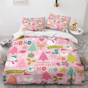 Pink Christmas Duvet Cover Twin Size Set - Kids Girls Christmas Bedding Bedroom - Picture 1 of 5