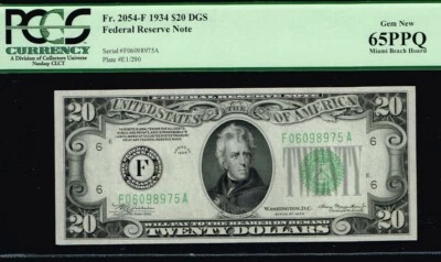 TOP POP Note. Dark Green Seal. $20 1934 Atlanta DGS FRN. PCGS 65 PPQ.  - Image 1 of 2