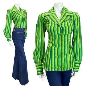 VINTAGE 60ER 70ER JAHRE GRÜN GESTREIFT KERBE REVERSKRAGEN BISCHOFSÄRMEL BLAZER HEMD 12 - Bild 1 von 12