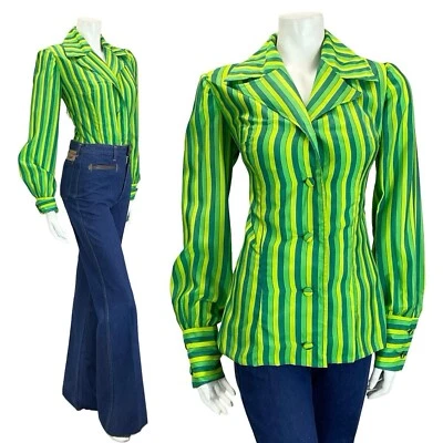 ВИНТАЖНЫЙ 60-Х 70-Х ЗЕЛЕНЫЙ В ПОЛОСКУ ВЫЕМКА ЛАЦКАН ВОРОТНИК СЛОН РУКАВ БЛЕЙЗЕР РУБАШКА 12 - Изображение 1 из 4