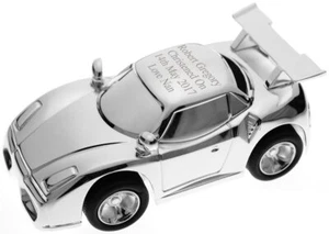 Personalised Engraved Silver Racing Sports Car Money Box With Moving Wheels - Picture 1 of 1