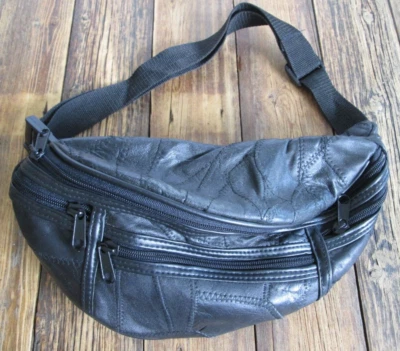 Black Patch Leather Waist Pouch Fanny Pack Lots of Zippered Pockets Belt Clip - Изображение 1 из 4