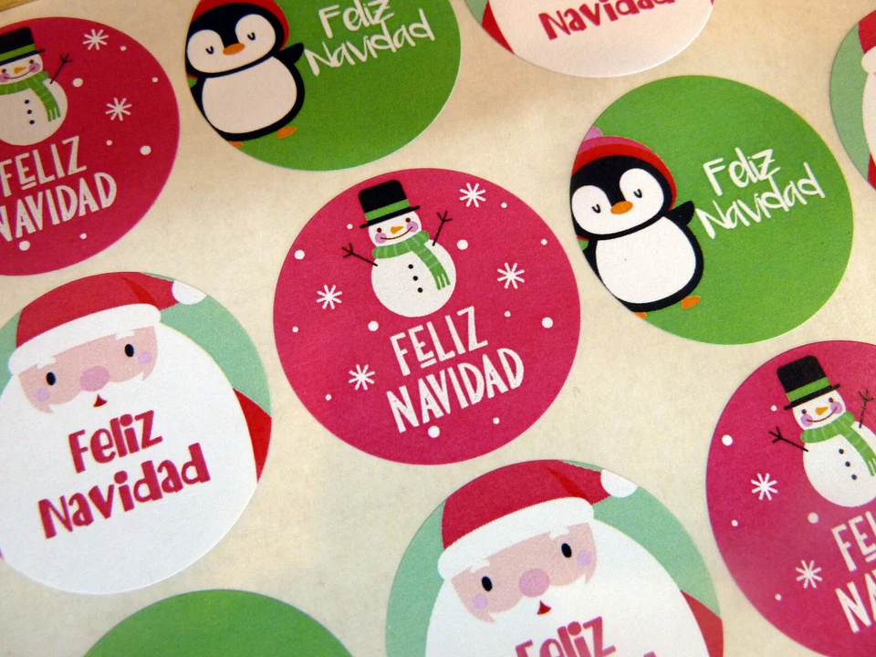 Feliz Navidad Spanish Espanol Christmas Greeting Stickers Labels - 7 Designs - Image 1 of 1