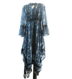 Sheer Blue Floral Print Hankie Hem Asymmetrical Dress Modcloth Keyhole XS D828 - Picture 1 of 5