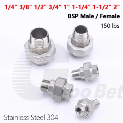 Stainless Steel Union 1/4"-2" BSP Male / Female Thread Pipe Fittings Adapter 304 - Image 1 of 4