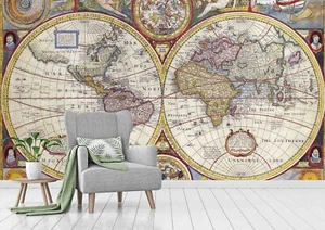 3D Retro World Map Self-adhesive Removeable Wallpaper Wall Mural - Picture 1 of 10
