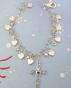 Neu kleines christliches versilbertes Kreuz Herzen Kristall Perlen Liebe Armband Schmuck - Bild 1 von 7