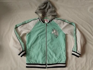 GUC Justice Mint Green/White Hooded Girls Jacket Front Zipper Unicorn Sz 8/10 - Picture 1 of 3