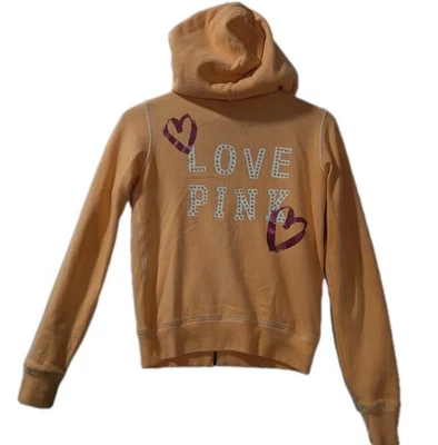 Y2K Victoria’s Secret 粉色 1986 Love Pink 连帽衫橙色镶嵌心形女式 S 码 — 第 1/4 张图片