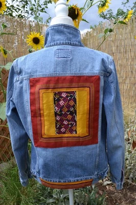 Custom Denim Jacket Silk Applique, Sashiko stitching size L - Image 1 of 4