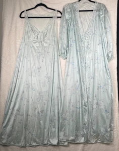 Vtg MISS ELAINE Peignoir Set Small Silky Blue Floral Nylon LONG Nightgown Robe - Picture 1 of 18