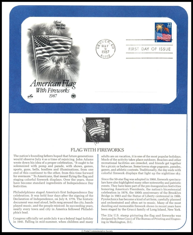 1987 Flag and Fireworks Scott 2276 FDC PCS panel Independence Day patriotic July - Image 1 of 1