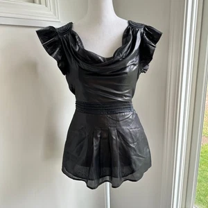 Y2K Bebe Punk Glam Black Faux Leather Retro Ruffle Cowl Neck Babydoll Top Small - Picture 1 of 7