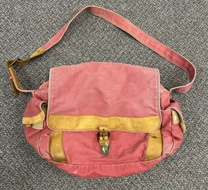 LL Bean PINK Canvas Field Messenger Shoulder Bag Brown Leather Trim Push Lock - Picture 1 of 12