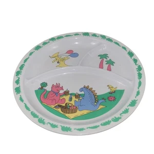 "Plato de melamina dividido Dinosaurios en picnic 10"" niños juguetones" - Imagen 1 de 5