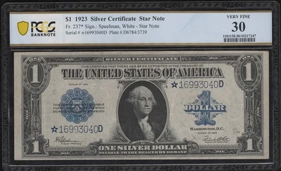 1923 $1 FR#237* Large Silver Certificate Star Note "PCGS 30" - Image 1 of 2