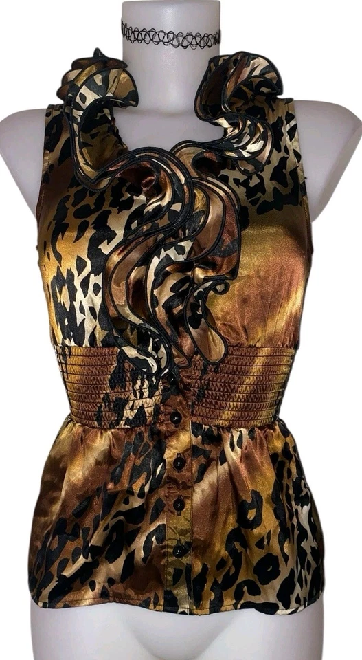 Top retro Y2k para mujer marrón leopardo con volantes cuello caprichoso grunge coqueta talla M Foto 1 de 3