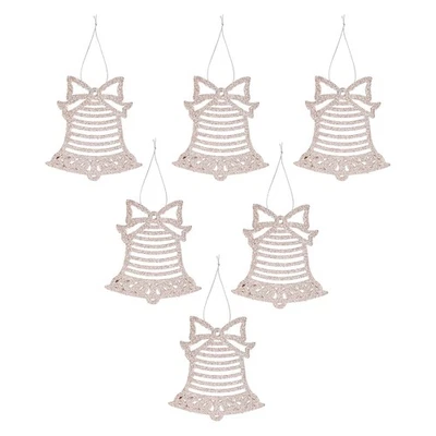 Christmas Tree Decoration Hanging Glitter Bell X 6 17. 8x9. 3x1. 4cm Rose Gold - Image 1 of 4