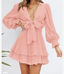 zescia abito donna rosa sexy manica lunga con cravatta, vita smocked donna sm nuovo con etichette - Foto 1 di 14