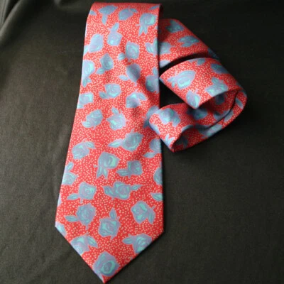 Corbata de seda roja con estampado de puntos de rosas azules de Jim Thompson Foto 1 de 4