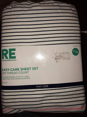 RE  Dorm Twin Sheet Set Size Xl Twin - White With Blue Stripe & Pink-3 Piece - Image 1 of 4