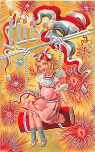 cartolina c.1910 4 luglio ragazza in fiamme cracker altalena - Foto 1 di 2