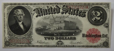 1917 $2 Two Dollars Note Legal Tender Jefferson Red Seal D67201227A  FR#60  AU - Image 1 of 2