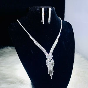 Necklace Earrings Set Bride Jewelry Crystal Rhinestone Jewelry for Women Silver - Picture 1 of 47