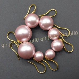 8-14mm Pink South Sea Shell Pearl Round Beads Drop Dangle Gold Hook Earrings - Picture 1 of 21