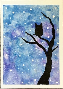 SEArts Nightfall ACEO ORIGINAL Owl Dead Tree Stars Stargazing Watercolor  - Picture 1 of 2