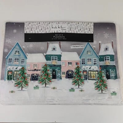 (4) Nicole Miller Christmas Trees Winter Townhouses Snow Placemats 13x19 Village - Image 1 of 4