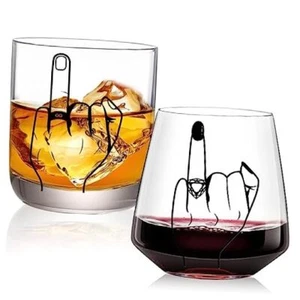 Engagement Gifts for Couples, Ring Finger Wine&Whiskey Glass Set, Black-Finger - Picture 1 of 7