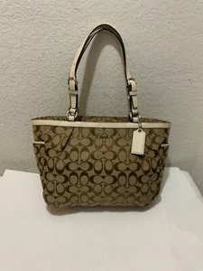 Coach F17726 Tote Shoulder Handbag Khaki Cream Leather Trim  - Picture 1 of 15