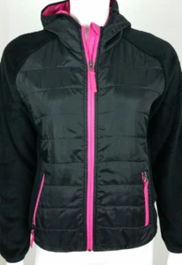 Snozu Girls Hooded Jacket Size Large Black Pink Quilted Coat Zipper Front - Picture 1 of 9