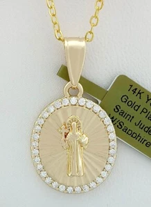LAB CREATED WHITE SAPPHIRE SAINT JUDE PENDANT NECKLACE 14K YELLOW GOLD PLATED - Picture 1 of 4