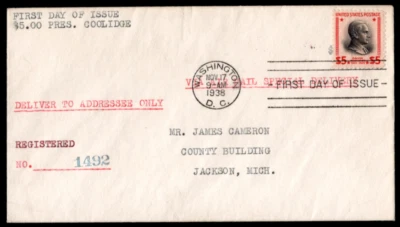 SC# 834 first day cover, Calvin Coolidge $5 - Image 1 of 2