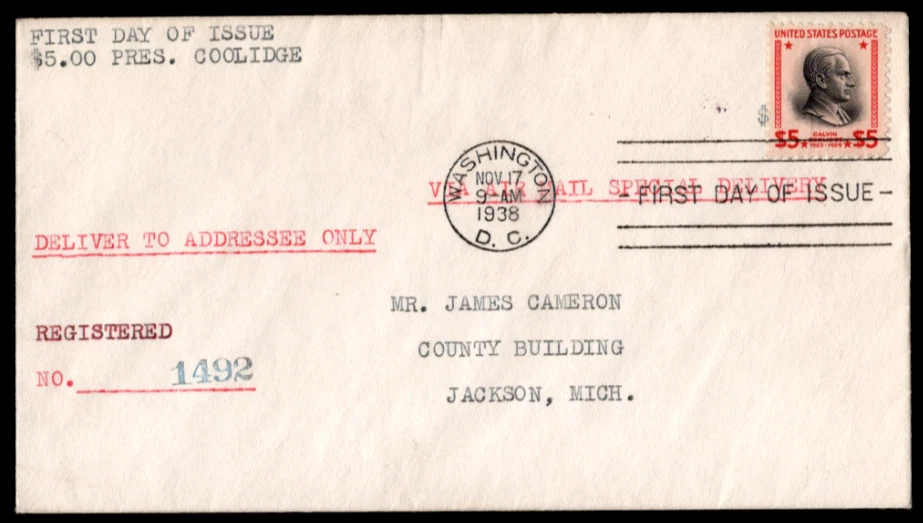 SC# 834 first day cover, Calvin Coolidge $5 - Image 1 of 2