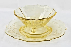 Lancaster Depression Glass Jubilee Yellow Mayonnaise Bowl & Underplate 1930s USA - Picture 1 of 13