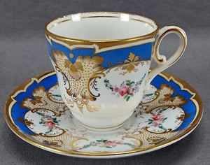 Antique British Hand Colored Pink Rose Floral Blue & Gold Coffee Cup & Saucer B - Picture 1 of 11